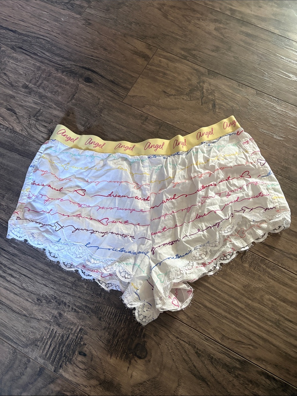 Angel White Lace-Trim Lounge Shorts with Yellow Branded Waistband